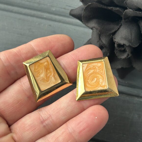 Gold + Peach Enamel Earrings - Picture 5 of 10